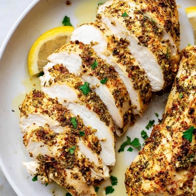 Juicy oven baked chicken breasts with crispy paprika crust on parchment paper