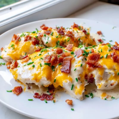 Creamy Baked Crack Chicken topped with crumbled bacon and fresh chives on a white plate