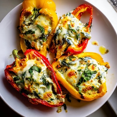 Creamy herb-filled ricotta stuffed peppers roasted in a rustic ceramic baking dish