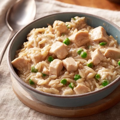 Golden one-pot chicken pot pie orzo featuring al dente pasta, diced carrots, and shredded chicken comfort food